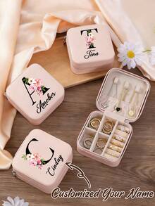 Customized Name Jewelry Box, Personalized Bridesmaid Jewelry Box, Zipper Closure, Floral Art Pattern, Personalized Jewelry Box, Leather Travel Ring Box, Fabric Lining And Compartment, Elegant Travel Jewelry Storage Box, Multi-Functional Exquisite Fashion High-Quality, Mother's Day Gift For Women - Multicolor - View 3