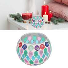 Set Of Colored Glass Mosaic Candlesticks - Spherical Teacup Pattern In The Shape Of Willow Leaves, Round Glass Candle Holder For Centerpiece, Wedding And Party Decoration