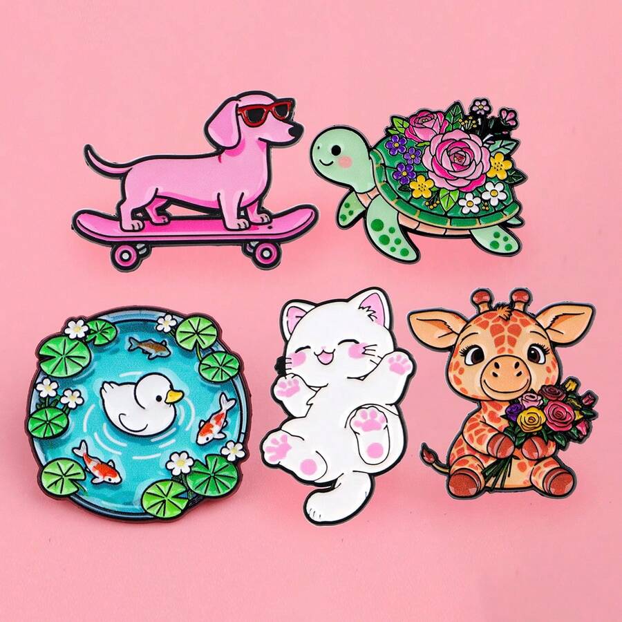 5pcs/Set Dog Cute Enamel Pin Lapel Pins Badges On Backpack Women's Brooch Zinc Alloy Clothes Gift Jewelry Fashion Accessories - Black - View 1