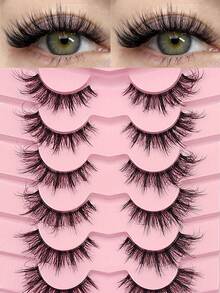 7对透明带假睫毛，自然纤长交叉蓬松卷翘，凌乱尖刺睫毛，戏剧性睫毛，适合日常生活、约会、婚礼、音乐节和旅行。 - 自然纖長款 - 查看 2