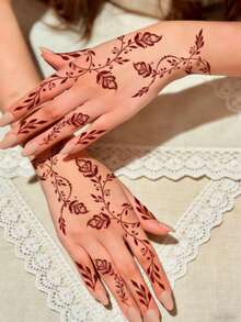 3张全手花卉图案设计，棕红色酒红色性感脚趾手指手部纹身贴纸，女士花卉海娜纹身贴纸，防水花卉贴纸，棕色纹身贴纸，女士人体艺术贴纸，婚礼派对月亮棕红色纹身贴纸 - 紅色 - 查看 4