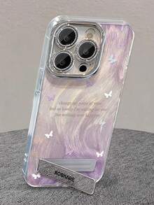 1pc Electroplated Glitter Full Coverage Ombre Purple Butterfly Phone Case + 3D Metal Stand, Compatible With IPhone 11/12/13/14/15/16/17/Pro Max - Purple - View 2