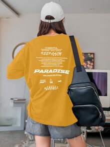 Women's Oversized Printed T-Shirt - Cheerful Paradise Phrase - Loose, Casual, Stylish, Modern, And Cool Blouse - 芥末黃 - 查看 4
