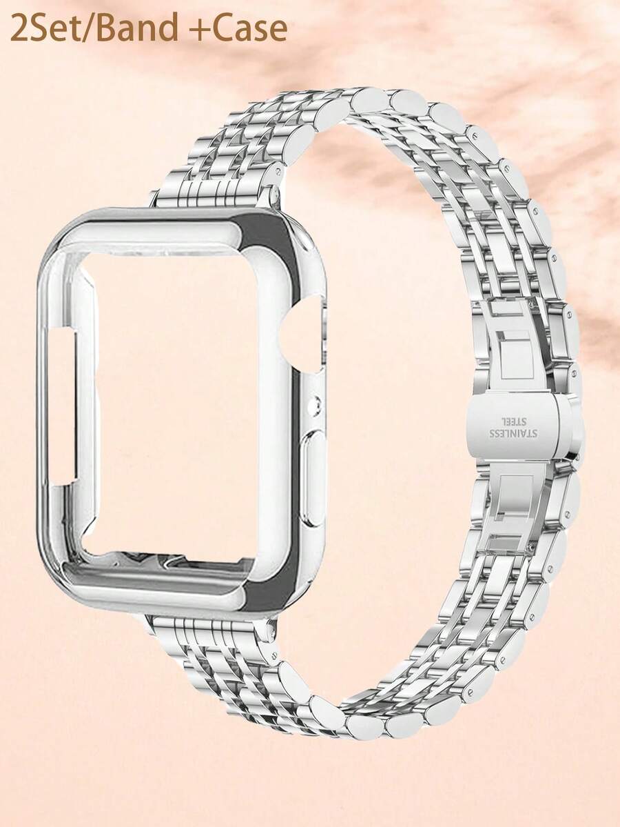 2件套不锈钢金属表带+表壳，银色，兼容表带40mm、41mm、42mm、38mm、45mm、44mm、42mm、46mm、49mm，适用于 Series 11/10/9/8/7/6/5/4/3/2/1/SE，超薄奢华表带+屏幕保护膜，银色表带，表壳，智能手表配件套装