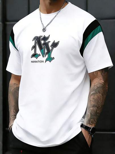 男士印花T恤，宽松休闲圆领美式短袖T恤，夏季上衣