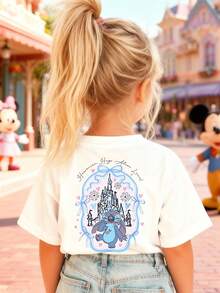 Disney Girls' T-Shirt, Stitch Disney Castle Cartoon Double-Sided Print, Summer Girls' Cotton Crew Neck Short Sleeve, Suitable For Everyday Wear, Holidays, Outdoor Activities, And As A Gift For Children. - White - View 3