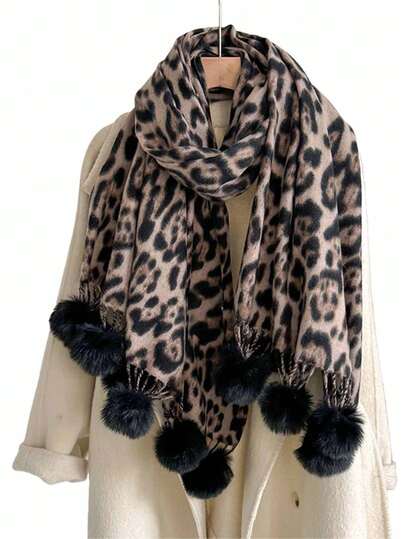 1 st vintage leopardmönster jacquard fuskkashmerehalsduk, dammode mångsidig varm fuzzy halsduk för dagligt bruk