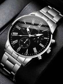 1 pieza Reloj de cuarzo de negocios de moda para hombres, esfera redonda minimalista, correa de tamaño fijo, mejor regalo y uso diario para hombres - Plateado - Ver 19