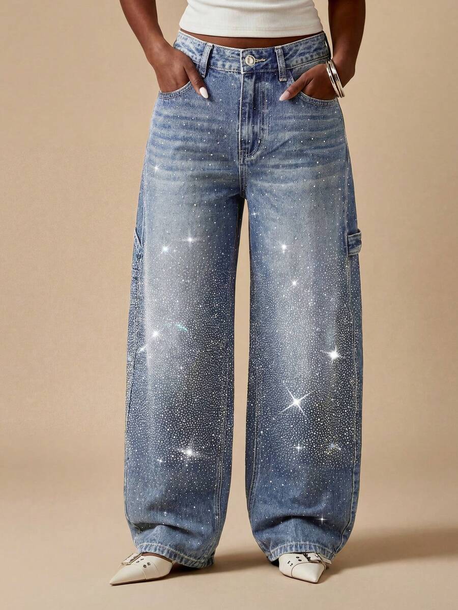Women's Luxury Blue Wide Leg Jeans, Elegant Gradient Rhinestone Denim Pants, Fashionable Y2K Aesthetic Suitable For Party Nights, Shiny Spring/Summer Denim Pants Jacket - Dark Wash - View 1