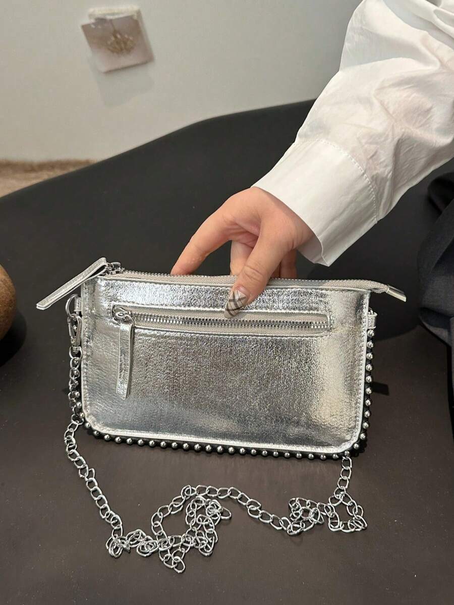 Crackle Patent Leather Envelope Bag, Women Fashion Charm Handbag, Beaded Shoulder/Crossbody Bag, Elegant Pearl Bag , New Year - Silver - View 1