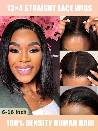 时尚直发短波波头假发，180%密度，预先拔毛，自然发际线和婴儿绒毛，13*4透明蕾丝前额，舒适贴合，预先拔毛的直发短波波头假发，自然色波波头假发，适合日常出行、朋友聚会等场合，无需胶水，佩戴方便，6-16英寸直发波波头假发，真人发蕾丝假发，透明蕾丝真人发短假发，预先拔毛，适合女性佩戴。