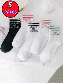 5 Pairs Men's Fashion Letter Socks, European & American Street Style Ins Long Tube Socks, Harajuku Sports Hip-Hop Skateboard Mid-Calf Socks, White & Pink College Style Mid-Calf Socks. Randomly Shipped. - Multicolor - View 2