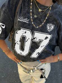 夏季新款简约时尚设计 07 印花扎染圆领短袖T恤，百搭休闲女装 - 黑色 - 查看 4