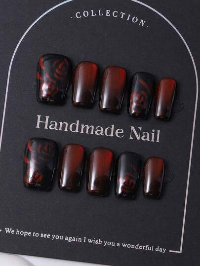 10pcs/Set, Handmade Acrylic Y2K Red Gradient Shiny Cat Eye Rose Nail Stickers With 1 Set Of Jelly Gel And 1 Set Of Nail Files, Perfect For Daily Wear And Music Festival Looks, Ideal Nail Stickers And Nail Care Products Nails