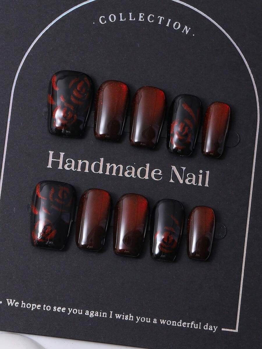 10片/套，手工制作亚克力Y2K红色渐变亮面猫眼玫瑰美甲贴纸，包含1套果冻胶和1套指甲锉，完美适用于日常佩戴和音乐节造型，是理想的美甲贴纸和美甲护理产品，手工按压式美甲贴片。 - 紅色 - 查看 1