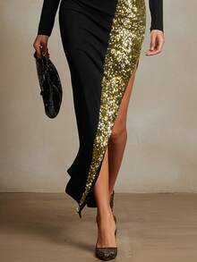 Đầm sequin ghép mảnh cho nữ, đầm dài ôm sát xẻ cao, bóng bẩy, thanh lịch và thời trang, thích hợp cho mùa xuân/hè. - màu đen - Xem 4