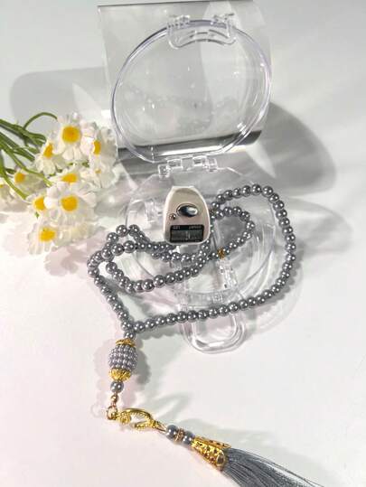 2ชิ้น กล่องใสชุดเครื่องประดับ (เครื่องนับแหวนอิเล็กทรอนิกส์ LED + ลูกปัดมุกเทียม 99 ชิ้น), ใช้งานง่ายและพกพาได้, เหมาะสำหรับกีฬา, การละหมาด, การนับกอล์ฟ, สามารถมอบเป็นของขวัญวันหยุดได้