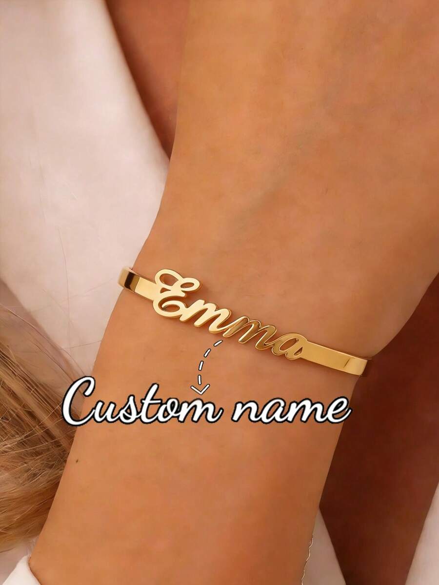 Customized Women's Stainless Steel Bracelet With Personalized Nameplate, Letter, Heart, Hollow Butterfly Design, Jewelry Gift For Women, Wedding, Valentine's Day - Gold Bracelet - View 1