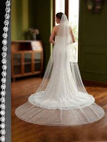 1pc Elegant Crystal Beaded Veil, 3 Meters Long, Suitable For Cathedral Wedding, Bridal Headpiece - Milky - View 4