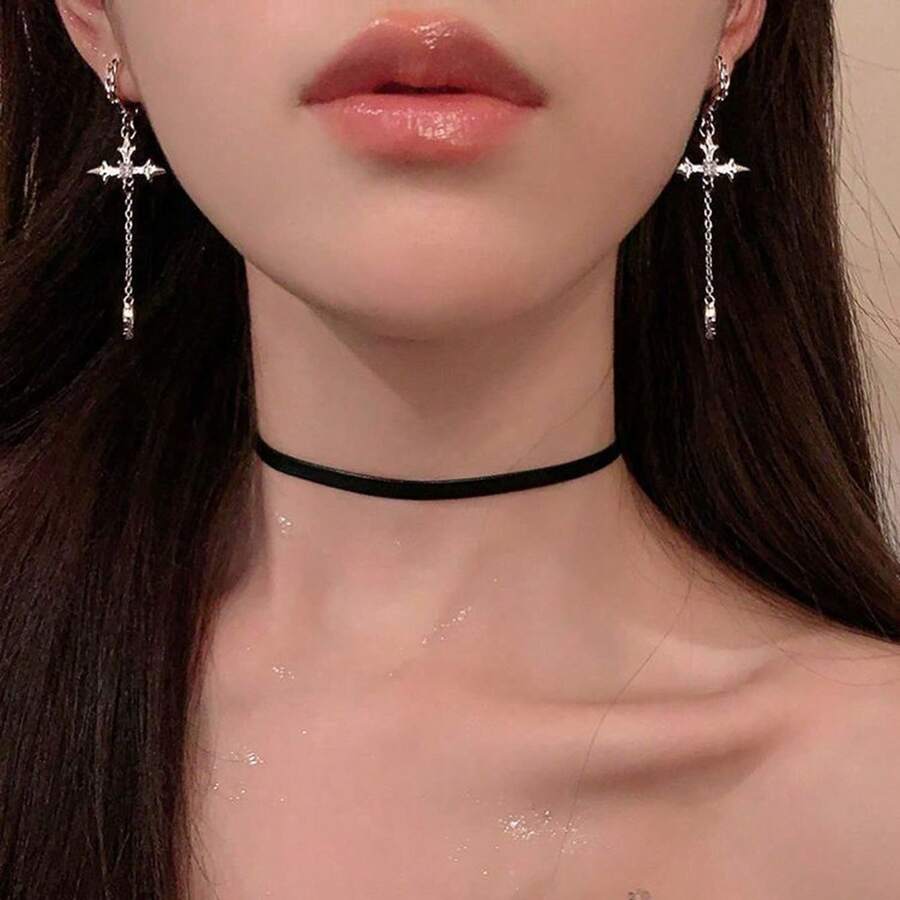 Pair Of Women's Punk Y2K Gothic Style Cross Pendant Long Tassel Earrings Cool Style Hot Girl Stud Earrings High-End Personality Earrings For Women - 銀色 - 查看 1