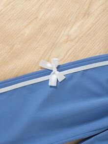 2pcs Girls Casual Outgoing Fashion Letter & Bow Print Drop Shoulder Short Sleeve Top And Solid Color Bow Decor Elastic Waist Pants Set, Spring/Summer - Blue - View 9