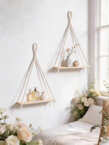 1pc/2pcs Handmade Woven Wall Hanging Rack, Triangular Wooden Floating Shelf, Boho Style Wall Mount Storage Rack With Macrame Tassel, Minimalist Home Decor, Natural Beige, Suitable For Living Room, Bedroom, Office And Entryway - Beige - View 5