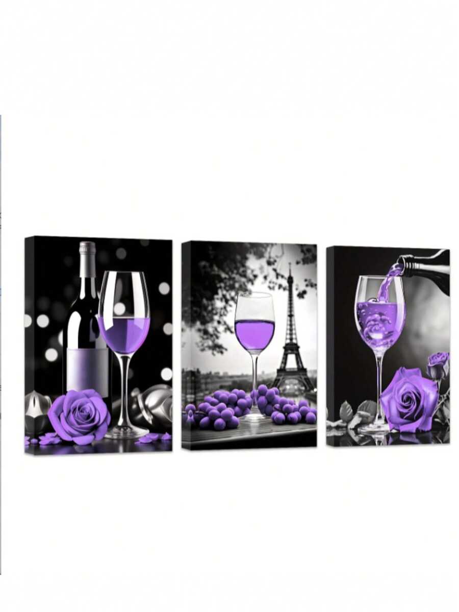 Wine And Roses Wall Art Set Of 3, Canvas Print Eiffel Tower And Grapes Kitchen Decor, Black And White With Purple Accents, Frameless, Modern Artwork For Living Room Bedroom Dining Office 12x18 Inches - Multicolor - View 1
