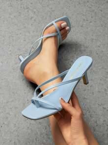 Women Comfortable Kitten Low Heel Thong Heeled Sandals Fashion Square Open Toe Comfort Shoes For Party Casual Slides - 淺藍色 - 查看 2