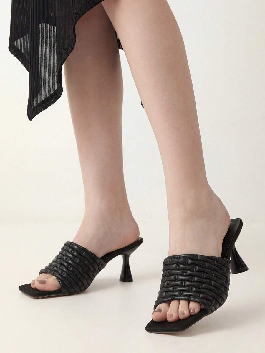 Sandalias de tacón alto con punta cuadrada y punta abierta, estilo europeo y americano, con tira trenzada y tacón grueso, color negro, para outfits de primavera y verano - Negro - Ver 1