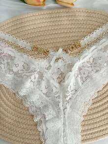 1pc Personalized Text Custom G-String Panty With Crystal Embellished English Letters & Numbers, Hollow Lace Criss-Cross Sexy Bikini Briefs, Customized Name & Date Printed G-String, Ideal Gift For Wife, Friend, Lover, Bestie On Valentine's Day, Christmas, Halloween, Thanksgiving, Birthday, Anniversary - White - View 3