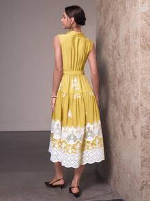 Sollinarry Robe chemisier sans manches à col, nouvelle mode printemps/été pour femmes, avec broderie délicate, design de boutons sur le col et l'avant, ourlet en dentelle délicate, convient pour les sorties et les fêtes - Jaune citron - Voir 6