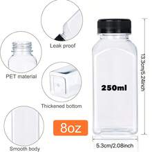 250克可重复使用塑料果汁瓶，方形奶茶瓶，PET透明饮料瓶带盖，适用于果汁、奶昔、姜汁汽水、茶、咖啡，旅行水瓶 - 黑蓋瓶 - 查看 9