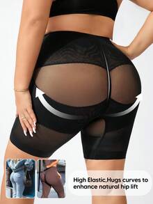 1 Stück Shapewear Shorts mit hoher Taille und Mesh für Damen in Große Größen, nahtlose Formwäsche für den täglichen Gebrauch - Schwarz - Übersicht 2