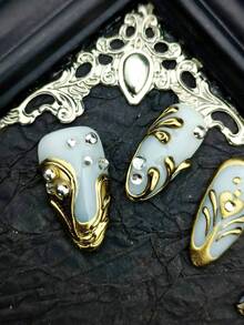 10片装 DIY 可爱巴洛克 Y2K 朋克哥特铬金属西式法式杏仁形亚克力按压式美甲贴片，金色美甲，手绘金色波浪，银色珠子，3D钻石，适合酷女孩或男孩，女士或男士，用于派对、日常或婚礼美甲装饰，附赠凝胶贴纸、指甲锉和美甲配件。 - 金色 - 查看 4