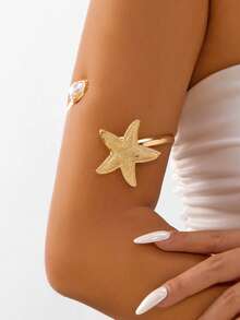 1pc Fashionable Minimalist Adjustable Gold Starfish & Faux Pearl Bracelet, Suitable For Women Beach Vacation