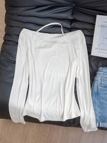 女士长袖T恤，白色，针织面料，露肩套头衫，春夏新品 - 白色 - 查看 8