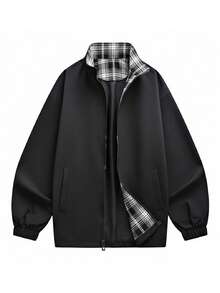 男士休闲宽松格子夹克，立领，轻薄款，春秋季