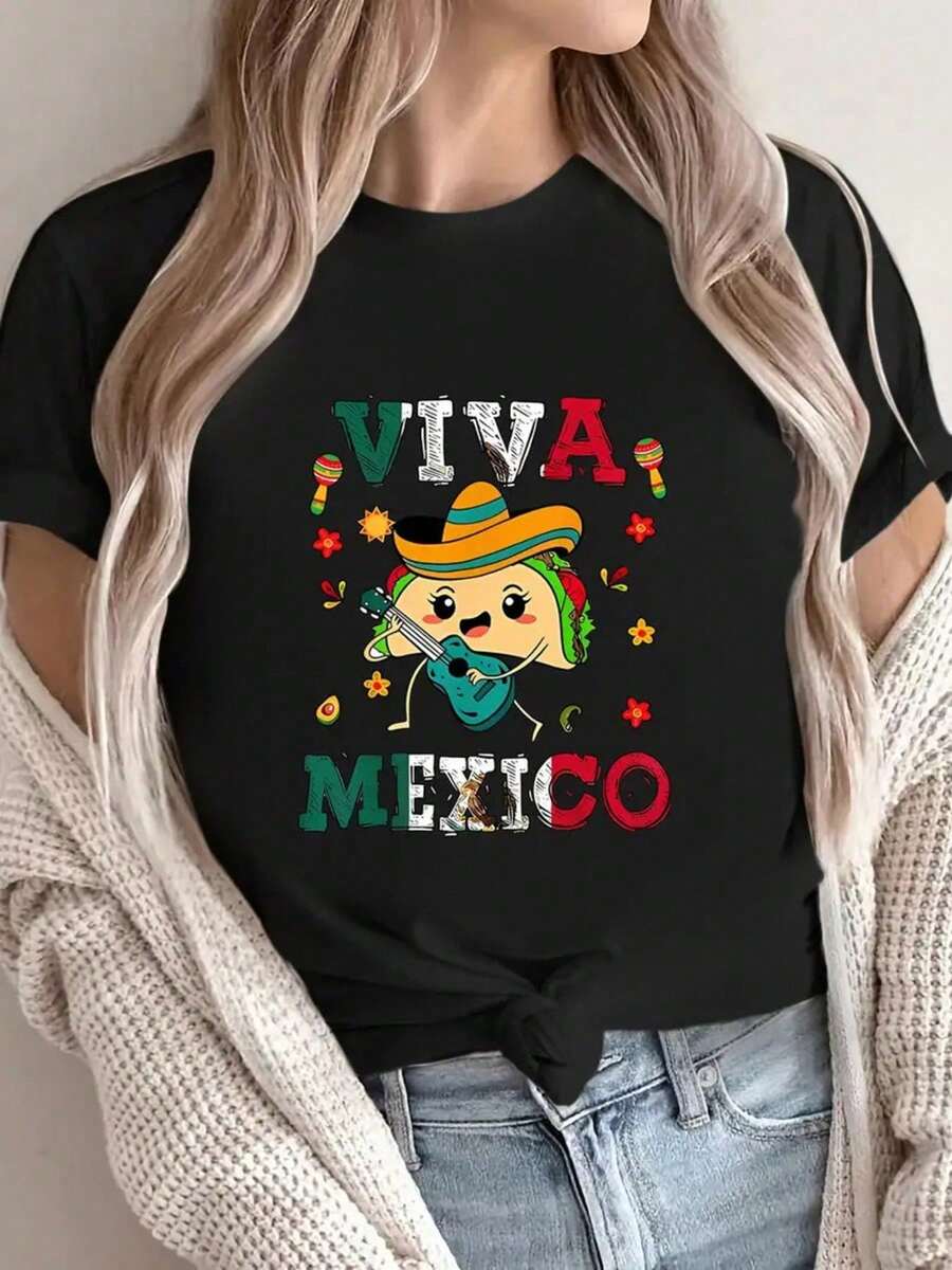 Women's Graphic Tee - Viva Mexico Music Girl, Colorful Floral Design, Casual Short Sleeve T-Shirt, Top - Negro - Ver 1