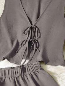 2 piezas Conjunto de mujer de diseño anudado de unicolor, elegante para primavera/verano - Gris - Ver 3