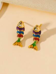 2pcs 3D Movable Fish Earrings, 18K Gold Plated Fish Pendant Earrings, Colorful Interlocking Fish Jewelry, Unique Pisces Fish Shaped Earrings, Gift For Ocean Lovers, Suitable For Daily, Holiday, Date, Party Wear - Multicolor - View 11