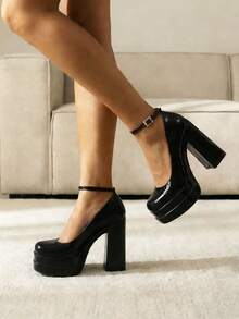 Platform High Heels For Women Chunky Heeled Mary Janes Heels Closed Toe Adjustable Ankle Strap Y2K Shoes - 黑色-1 - 查看 2