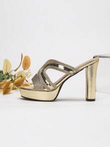 Women's Gold Metallic Woven Platform Block Heel Mules Crisscross Strap Party Festival Heels - Gold - View 4