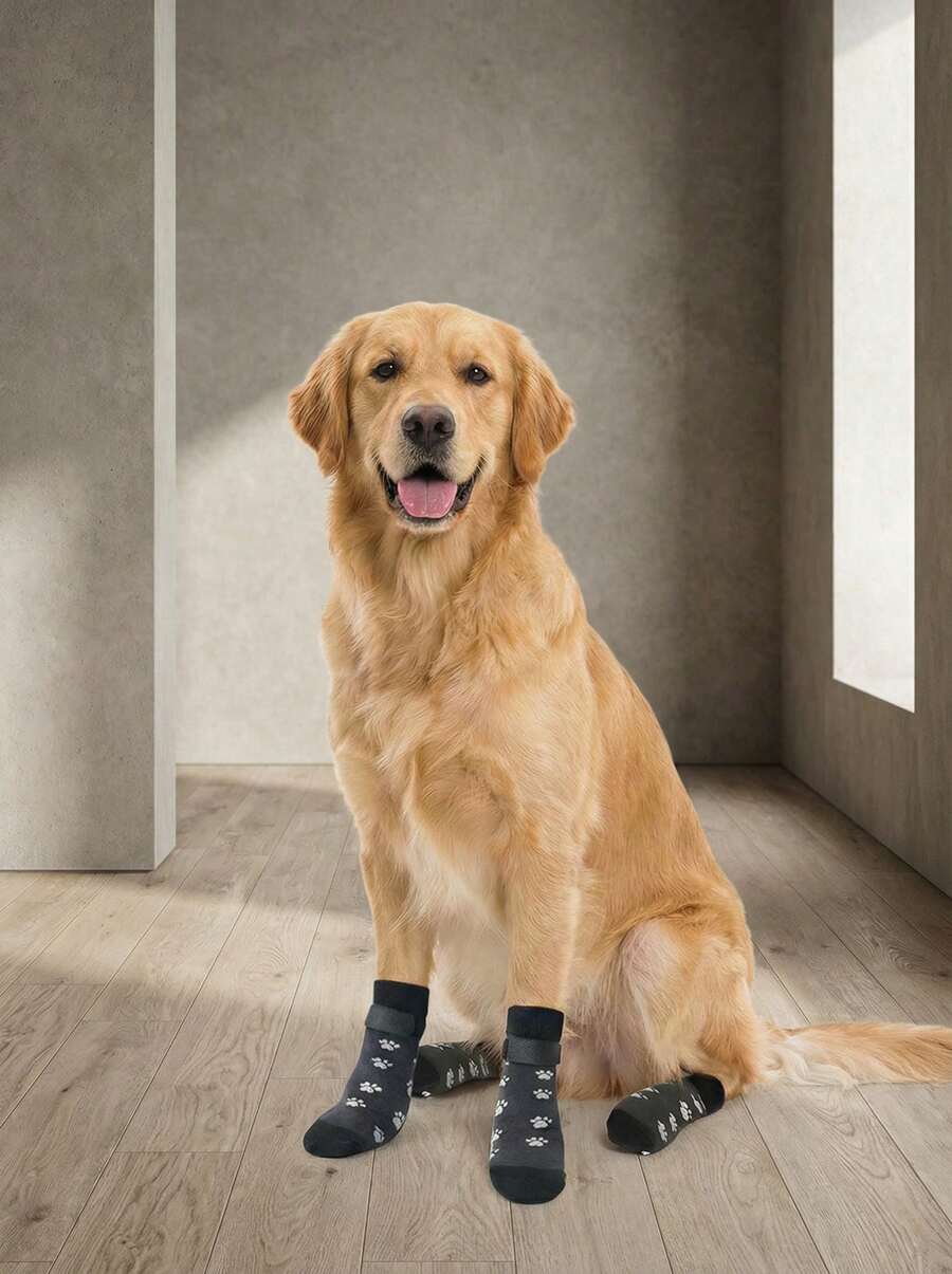 PETSIN 4 szt. antypoślizgowych skarpetek dla psa, miękkich, regulowanych ochraniaczy na łapy zwierząt, buty dla psów, buty dla zwierząt, skarpetki dla psów i kotów, antypoślizgowe, dwustronne ochraniacze na łapy zwierząt do użytku wewnątrz i na zewnątrz, odpowiednie dla małych, średnich i dużych psów, czarne, oddychające ochraniacze na łapy psów, akcesoria do użytku na zewnątrz