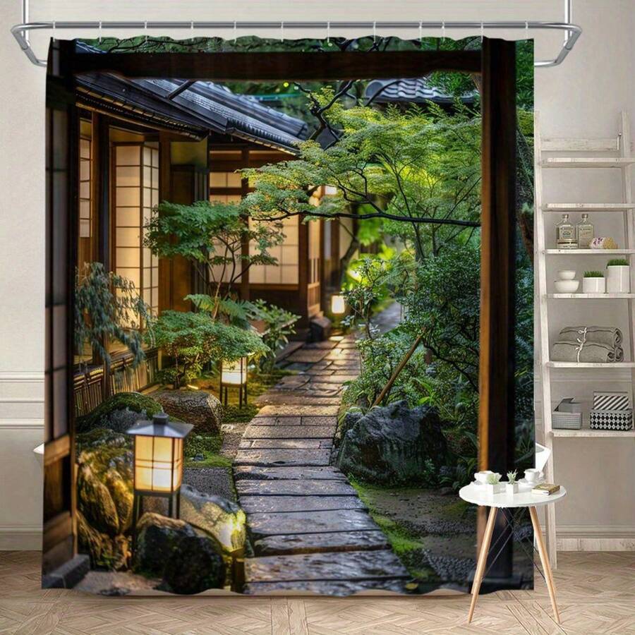 1pc Traditional Japanese Garden Path Shower Curtain,, Machine Washable, With , Wooden Buildings, Shoji Screens, Lanterns,  Greenery, Bonsai Tree, Moss-Covered Rocks, Warm Ambient Lighting, Fashion Theme, For Home Bathroom Decor, , Japanese Home DecorIt's Not Just A Shower Curtain-It's The Secret Sauce That Pulls Your Whole Bathroom Decor Together, Turning A Plain, Functional Space Into A Cozy Little Retreat You'll Look Forward To Using Every Day. - Nhiều màu - Xem 1