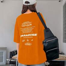 Camiseta Oversized Feminina Estampada Cheerful Paradise Frase Blusa Larga Despojada Estilosa Moderna Fresca - Laranja - Visão 14