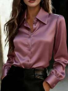 时尚女士缎面衬衫，长款常规袖，衬衫领，前襟纽扣设计 - 薔薇粉 - 查看 7