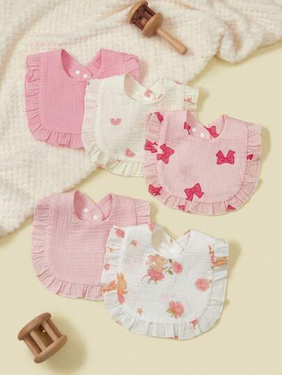 5个/包 柔软舒适的纯色布料可爱卡通熊头围兜，带荷叶边，适合婴儿使用