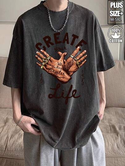 勢力を作る 面白い柄のプリント ヴィンテージ風 100%コットンウォッシュ半袖Tシャツ230G シンプルでゆったり 快適で通気性の良いメンズTシャツ 1枚