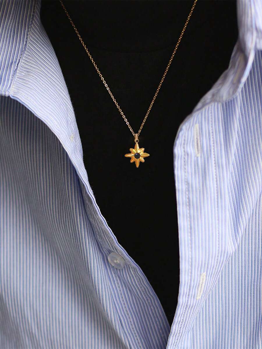 1pc Stainless Steel Waterproof & Fade-Resistant Black Diamond Octagram Pendant Necklace, Suitable For Women's Daily Wear - Gold - View 1