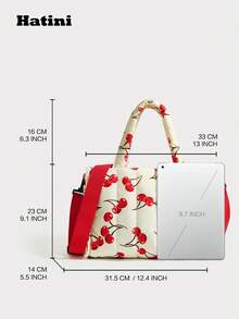 HATINI Autumn And Winter New Cherry Print Handbag, Quilted Cotton Fluffy Small Square Bag, Wide Shoulder Strap Casual Fashion Shoulder Bag Crossbody Bag, Suitable For Girls To Work, Commute, Date, Shopping, Leisure, Vacation, Thanksgiving, Halloween Gift Recommendation - 紅白色 - 查看 2